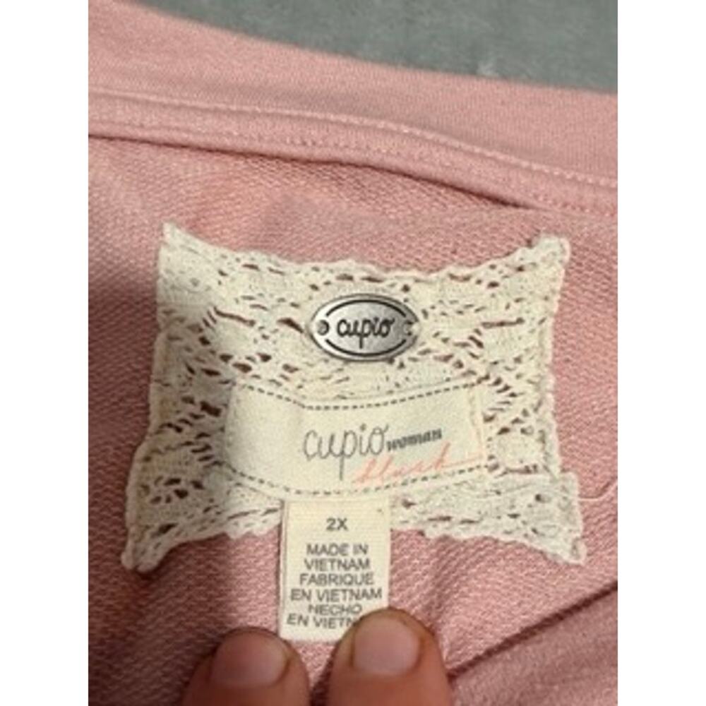 Cupio Blush Pink Lace-Up Shoulder Knit Top 2X Soft Short Sleeve Plus Size - Picture 7 of 9